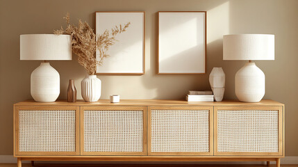 Fototapeta premium Versatile furniture for contemporary environments. An elegant sideboard that adapts to different decor styles, adding beauty and functionality to the space. Great for architecture and design magazines