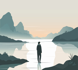 Fototapeta premium Tourism scene in a flat vector style. Young man came to relax on the shore of the lake. Illustration in pastel colors