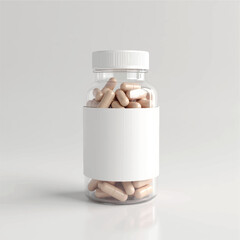 supplement bottle mockup with capsules in it with white label, 3d product mockups,protein jar,medicine bottle with pills,omega 3 capsules,realistic mockups,photography,transparent vitamins bottle