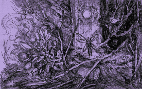 Fantasy forest scene in rough pencil sketch style, featuring a fairy or sprite near glowing light among surreal plants and trees. Dreamlike, mystical, and expressive.