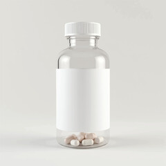supplement bottle mockup with capsules in it with white label, 3d product mockups,protein jar,medicine bottle with pills,omega 3 capsules,realistic mockups,photography,transparent vitamins bottle