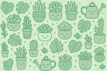 Cute hand-drawn succulent plants and watering can pattern in soft green colors on a light background