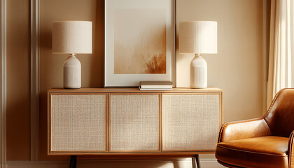 Sophisticated interior design with a touch of art. An elegant credenza with two classic lampshades and a framed abstract artwork, creating a warm and refined atmosphere. Ideal for decoration, architec