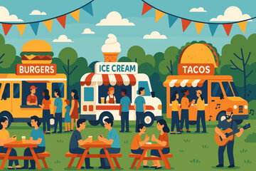 Food trucks gather in park serving burgers, ice cream, and tacos with live music for a lively outdoor event in summer