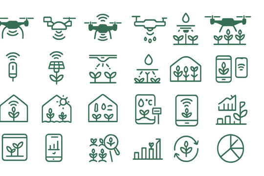 Innovative agricultural technology icons illustrating modern farming solutions and practices for efficient crop management