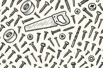 Obraz premium Detailed sketch of various tools and fasteners scattered across a light background showcasing craftsmanship elements