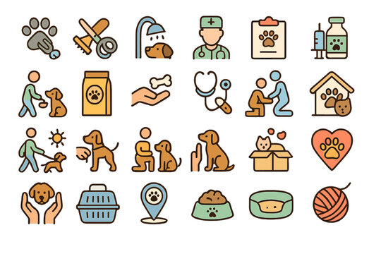 Dog care icons illustrating important activities and services for pet owners and veterinarians in a colorful design