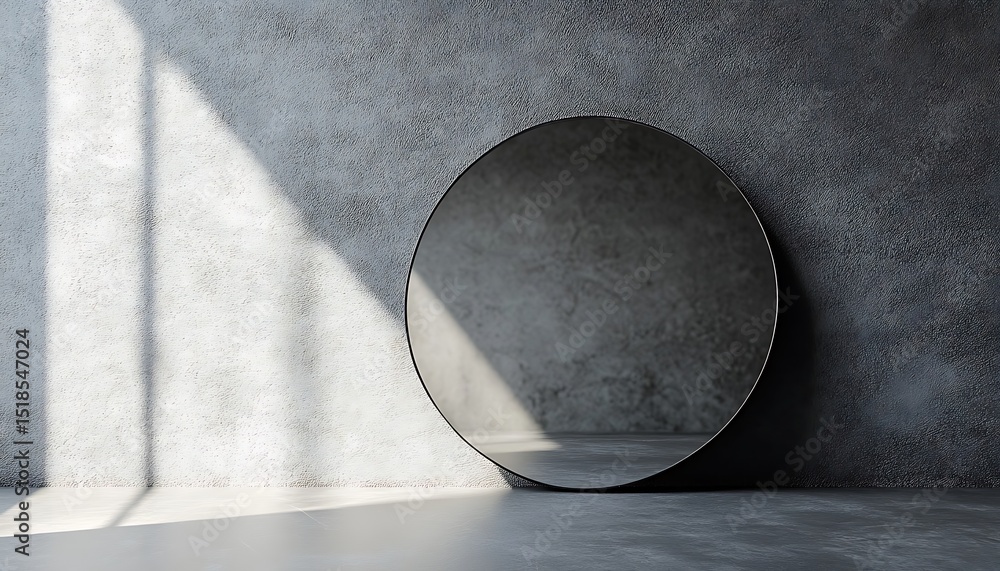 Poster round mirror on a gray background. 3d rendering, mock up
