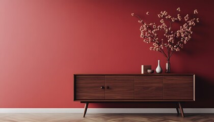 Interior of living room with wooden chest of drawers, plants and red wall. 3d render