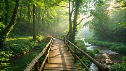 Wooden path through misty green forest in early light, Elevated boardwalk surrounded by trees and fog, Nature trail with wooden bridge in morning mist