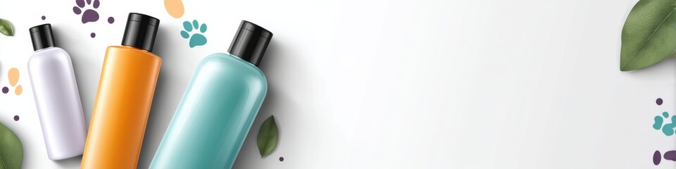Vibrant fur care products displayed with playful design and space for promotional content