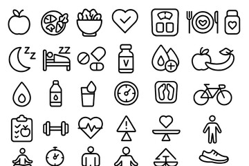 Health and wellness icons representing nutrition, exercise, and self-care practices for a holistic lifestyle
