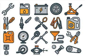 Essential tools and automotive equipment arranged on a flat surface for repair and maintenance tasks
