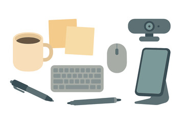 Digital workspace setup featuring writing tools, a coffee cup, and technology essentials for remote work