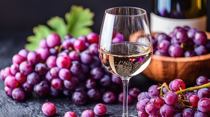 A glass of light wine with red grapes display