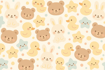Cute animal pattern featuring bears, rabbits, ducks, and stars in soft colors suitable for children's decor and playful designs