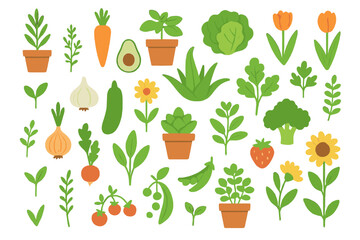 Hand-drawn vegetable and garden plant icon set with herbs and flowers