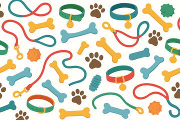 Obraz premium Colorful pet accessories scattered on a background showcasing collars, leashes, and toys for dogs and cats