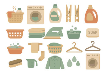 Colorful laundry and cleaning icon set in flat vector style