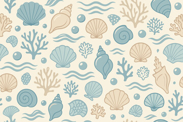 Seamless ocean-themed pattern with shells, coral, and waves