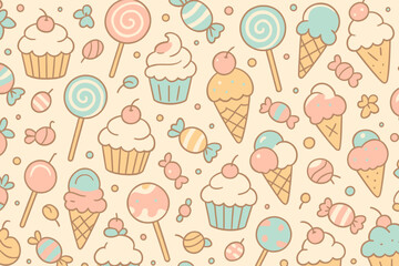 Pastel dessert pattern with cupcakes, ice cream, lollipops, and candy