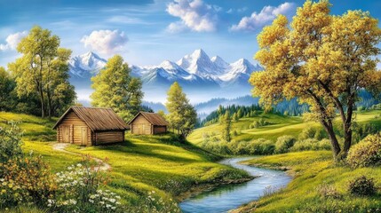 A sun-kissed meadow, serene valley, and majestic mountains form a breathtaking backdrop for river-side cabins