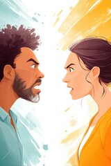 Internal struggle with anger illustrated in a vibrant and expressive style featuring two individuals facing off