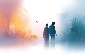 Serene exploration of a diverse couple in a vibrant garden filled with colorful plants and animals