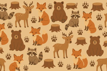 Cute woodland animals and nature elements create a charming forest pattern for children's decor and crafts projects