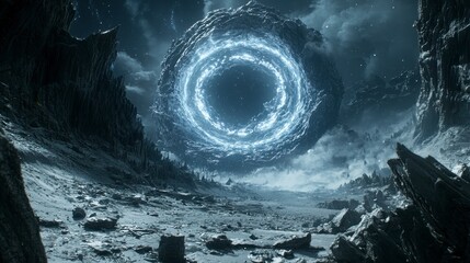 A glowing portal hovers over a desolate landscape
