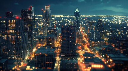 Fototapeta premium A night view of Austin, showcasing the cityÃ¢â¬â¢s vibrant skyline with lights on tall buildings.