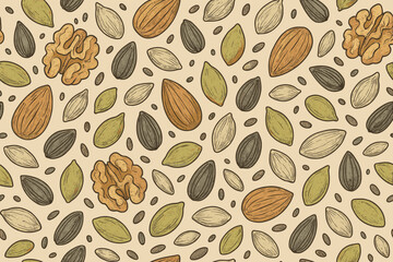 Colorful assortment of nuts and seeds scattered on a light backdrop showcasing their natural textures and shapes
