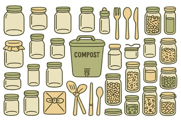 Variety of jars and utensils arranged around a compost bin in a sustainable kitchen setup