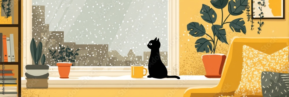 Poster cozy rainy day at home with a cat by the window enjoying the view while a warm drink sits nearby