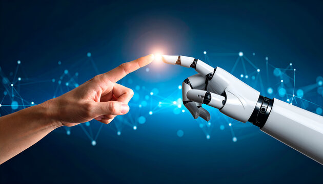 Connection between technology and human: a human hand reaching out to touch a robotic hand, representing the collaboration between artificial intelligence and humans. Technological environments