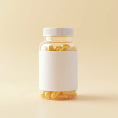 supplement bottle mockup with capsules in it with white label, 3d product mockups,protein jar,medicine bottle with pills,omega 3 capsules,realistic mockups,photography,transparent vitamins bottle