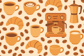 Obraz premium Coffee lovers enjoy brewing rich aromas with croissants and coffee cups in a cozy cafe setting