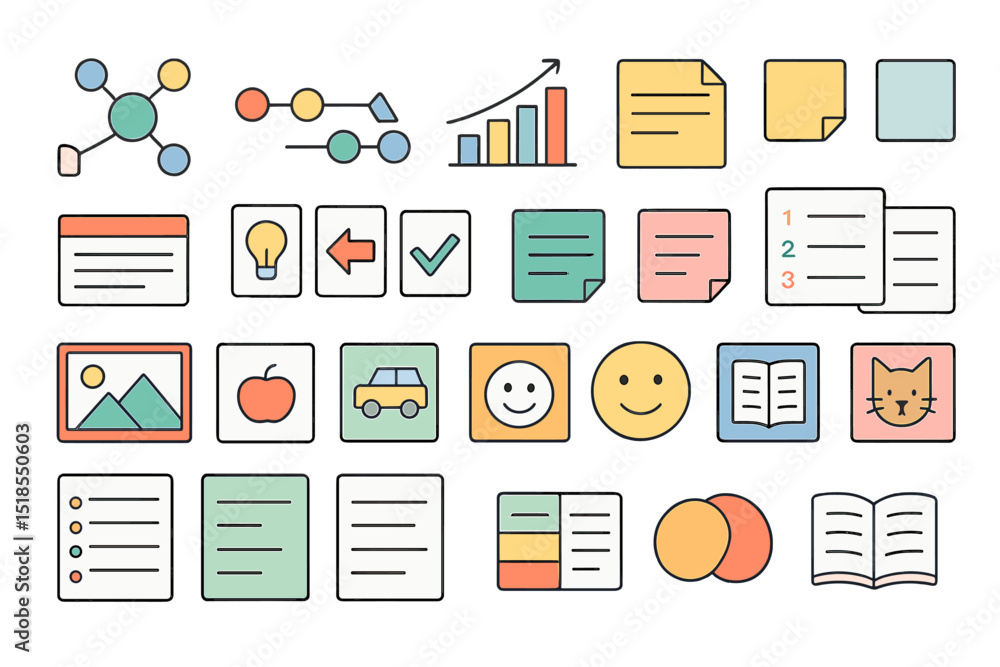 Aufkleber visual representations of various concepts and activities in a flat design style, highlighting organ