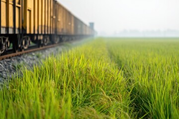 Fototapeta premium Train Passing Through Lush Rice Fields