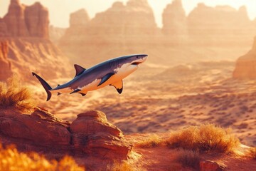 A surreal image of a shark leaping out of a desert landscape, a bizarre combination of sea and sand.
