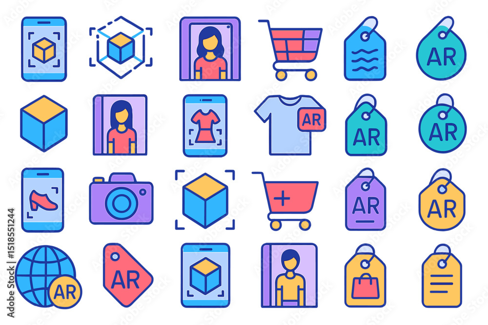 Poster icons representing augmented reality features for shopping and product visualization in a modern con