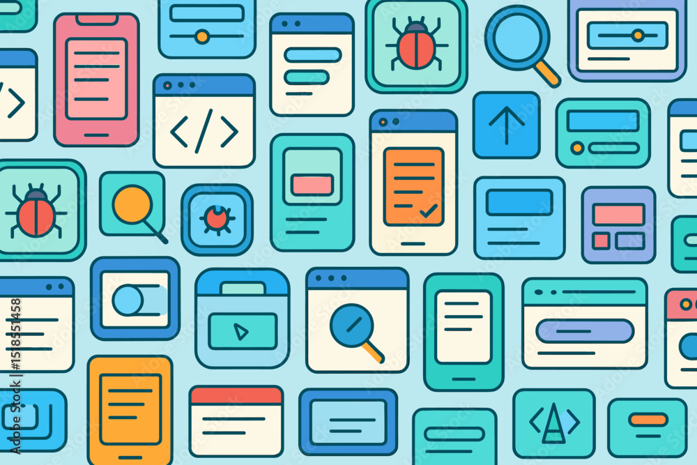 Poster colorful digital interface elements arranged in a creative pattern with various icons and buttons