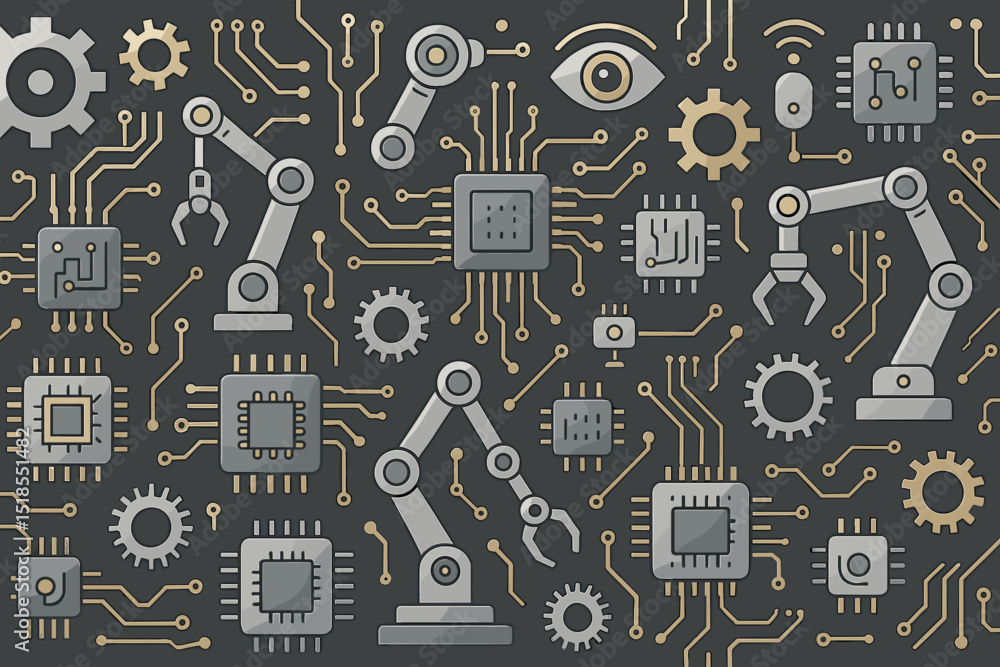 Poster complex patterns of robotic arms, circuits, and gears represent technology's evolution in automation