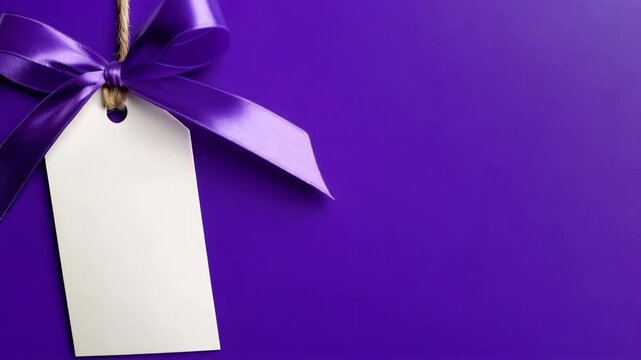 White tag with purple ribbon bow hanging against solid violet background, clean and simple aesthetic with a promotional feel and copyspace.