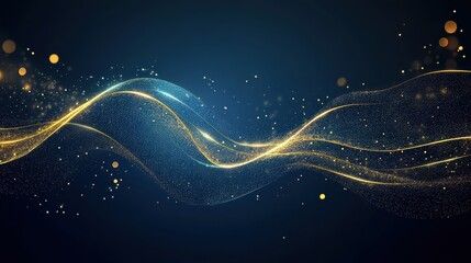Blue luxury background with golden line, blue curve, shiny dots and glitter light effect. Elegant style design. Luxury dark blue background with halftone gold line curved and lighting effect