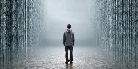 Obraz premium Man Standing Before a Digital Wall of Binary Code