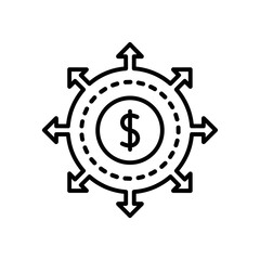 Operating Costs Icon - Dollar Sign within Circle and Outward Arrows (Line Art)