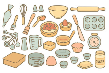 Baking utensils and ingredients arranged for pastry preparation in a kitchen setting