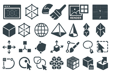 Design tools and icons for 3D modeling and rendering in digital graphics software