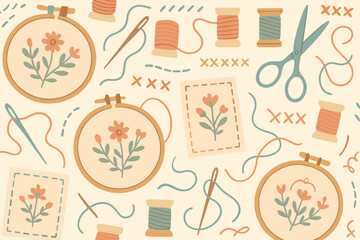 Crafting floral patterns with embroidery hoops, threads, and scissors on a light background for creative projects